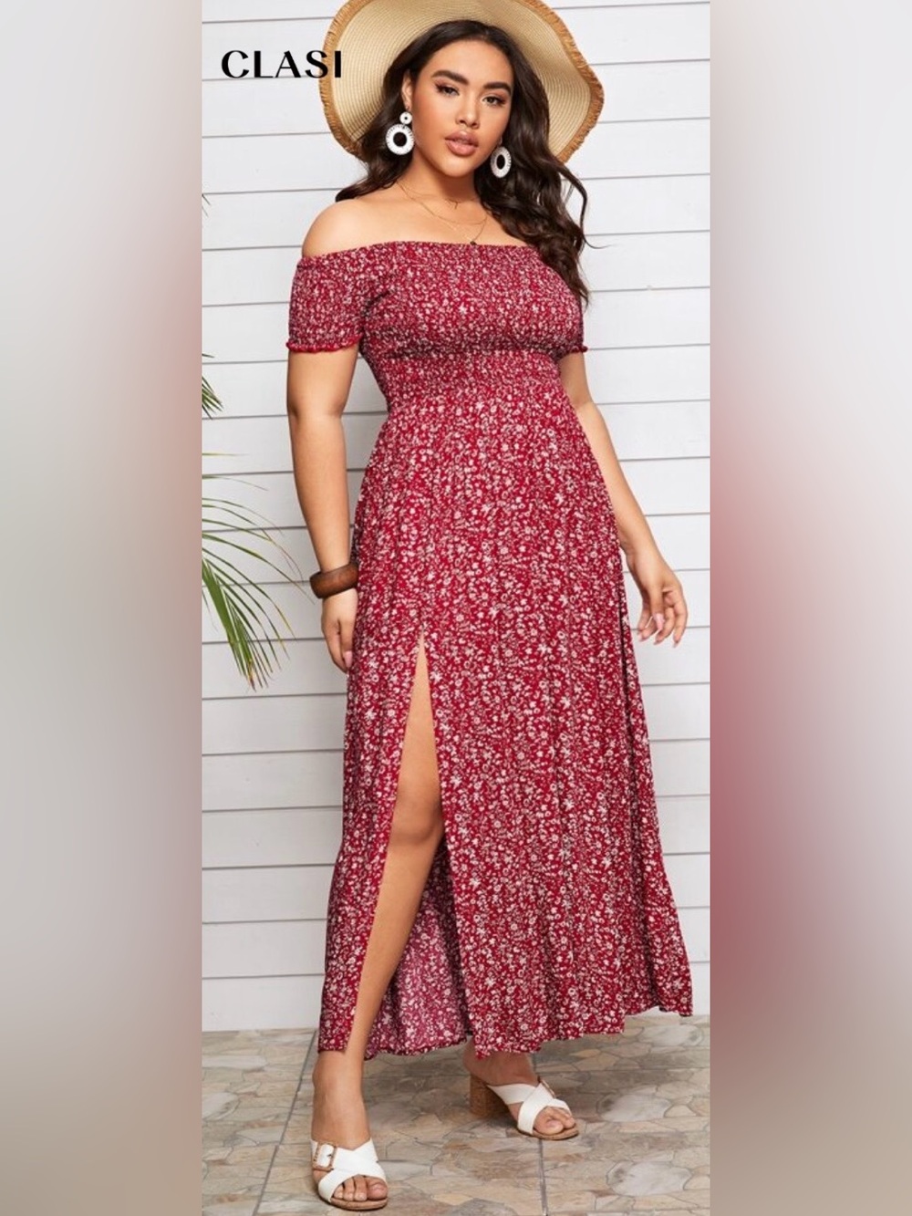 SHEIN Red  Floral Off-Shoulder Maxi Dress with Side Slit